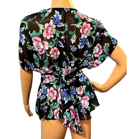 Express Womens Blouse Sheer‎ Floral Print V Neck Short Sleeves Size S Mystigoth - Picture 3 of 9